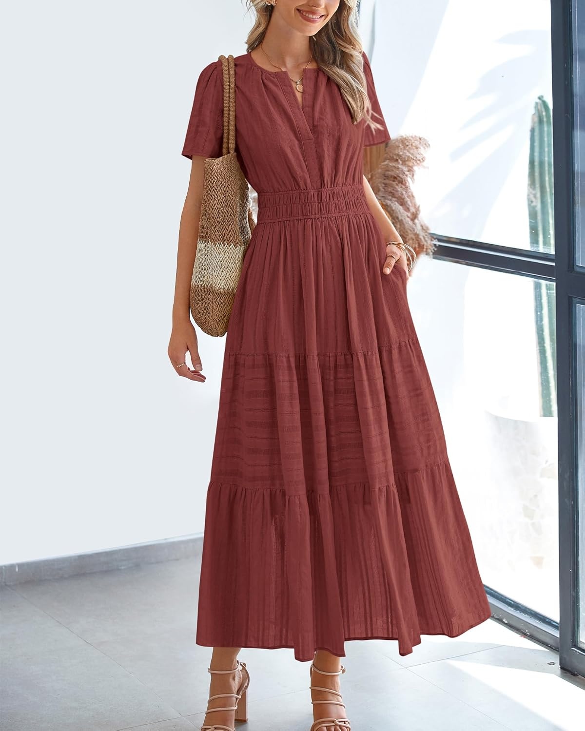 image:imageBTFBM Womens Summer 2026 Casual Midi Maxi Dresses Lightweight Short Sleeve V Neck Elastic Waist Boho Beach Dress PocketsBrown Red