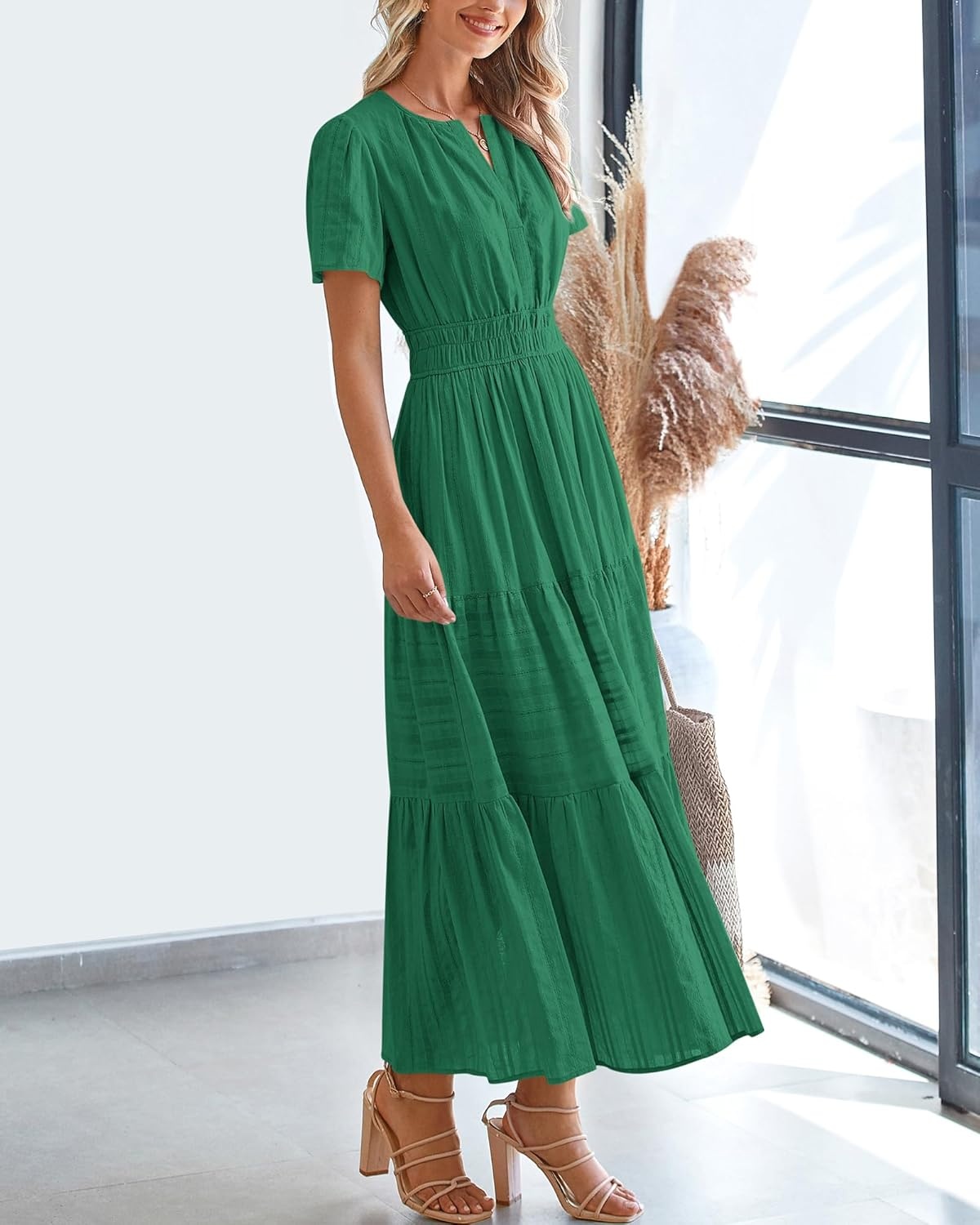 image:imageBTFBM Womens Summer 2026 Casual Midi Maxi Dresses Lightweight Short Sleeve V Neck Elastic Waist Boho Beach Dress PocketsDark Green
