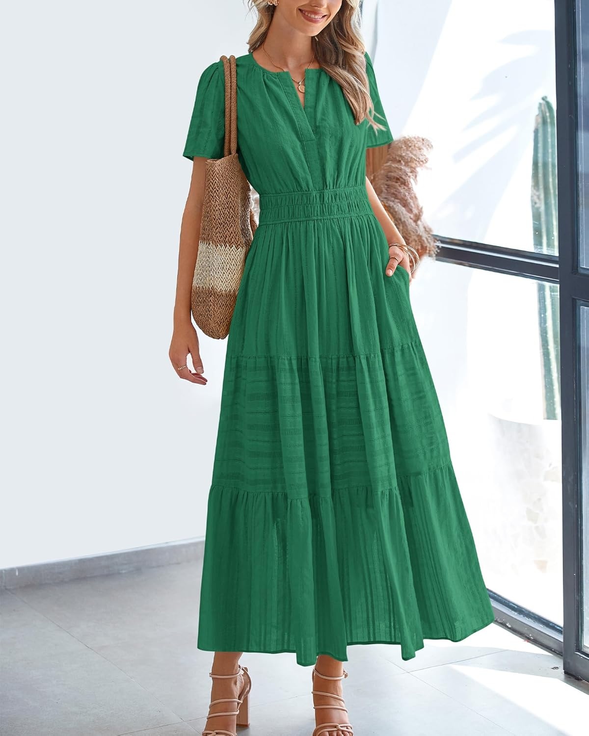 image:imageBTFBM Womens Summer 2026 Casual Midi Maxi Dresses Lightweight Short Sleeve V Neck Elastic Waist Boho Beach Dress PocketsDark Green