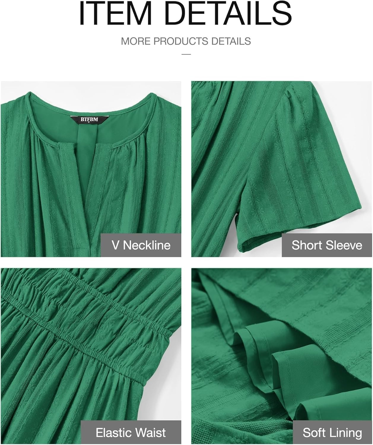 image:imageBTFBM Womens Summer 2026 Casual Midi Maxi Dresses Lightweight Short Sleeve V Neck Elastic Waist Boho Beach Dress PocketsDark Green