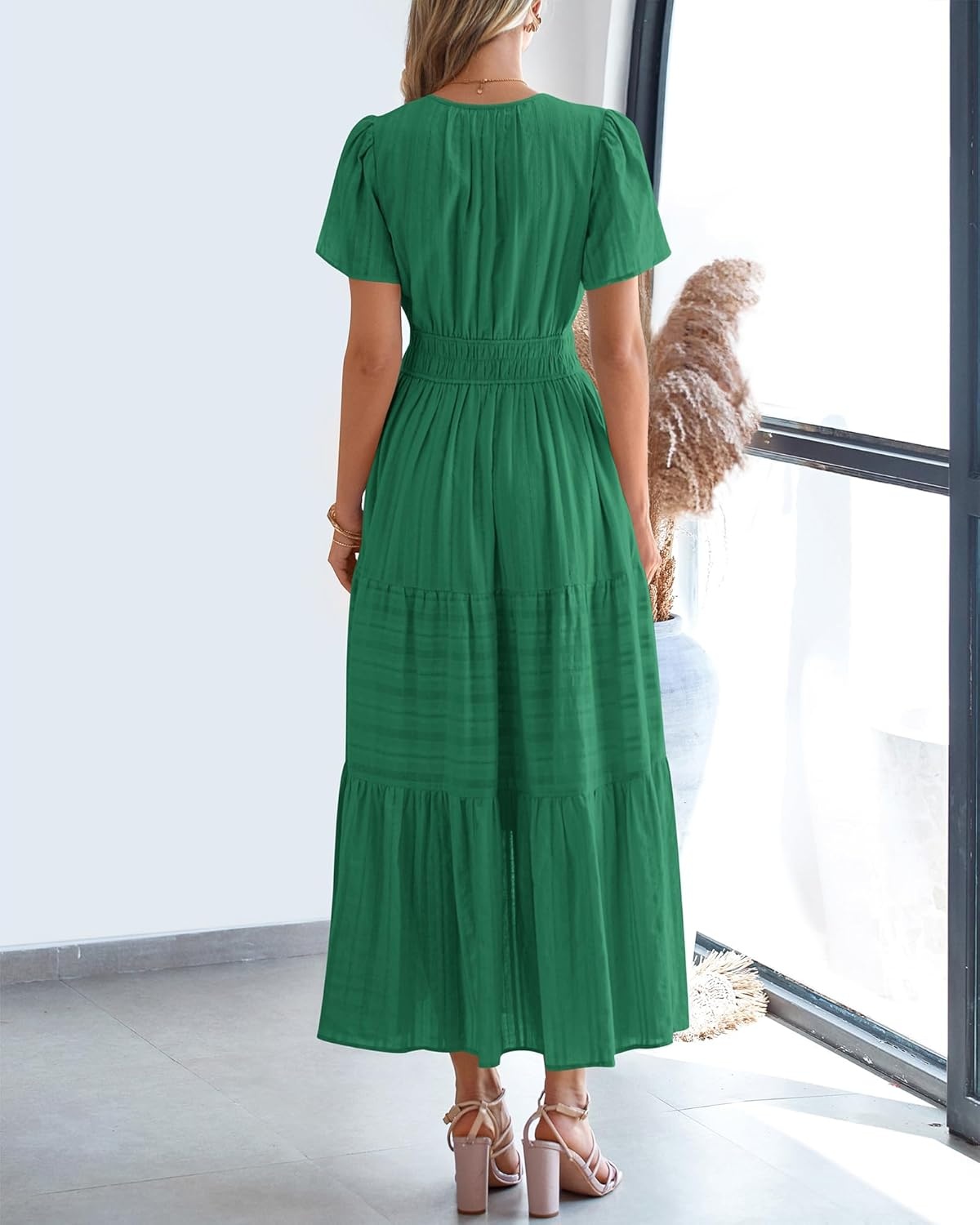 image:imageBTFBM Womens Summer 2026 Casual Midi Maxi Dresses Lightweight Short Sleeve V Neck Elastic Waist Boho Beach Dress PocketsDark Green