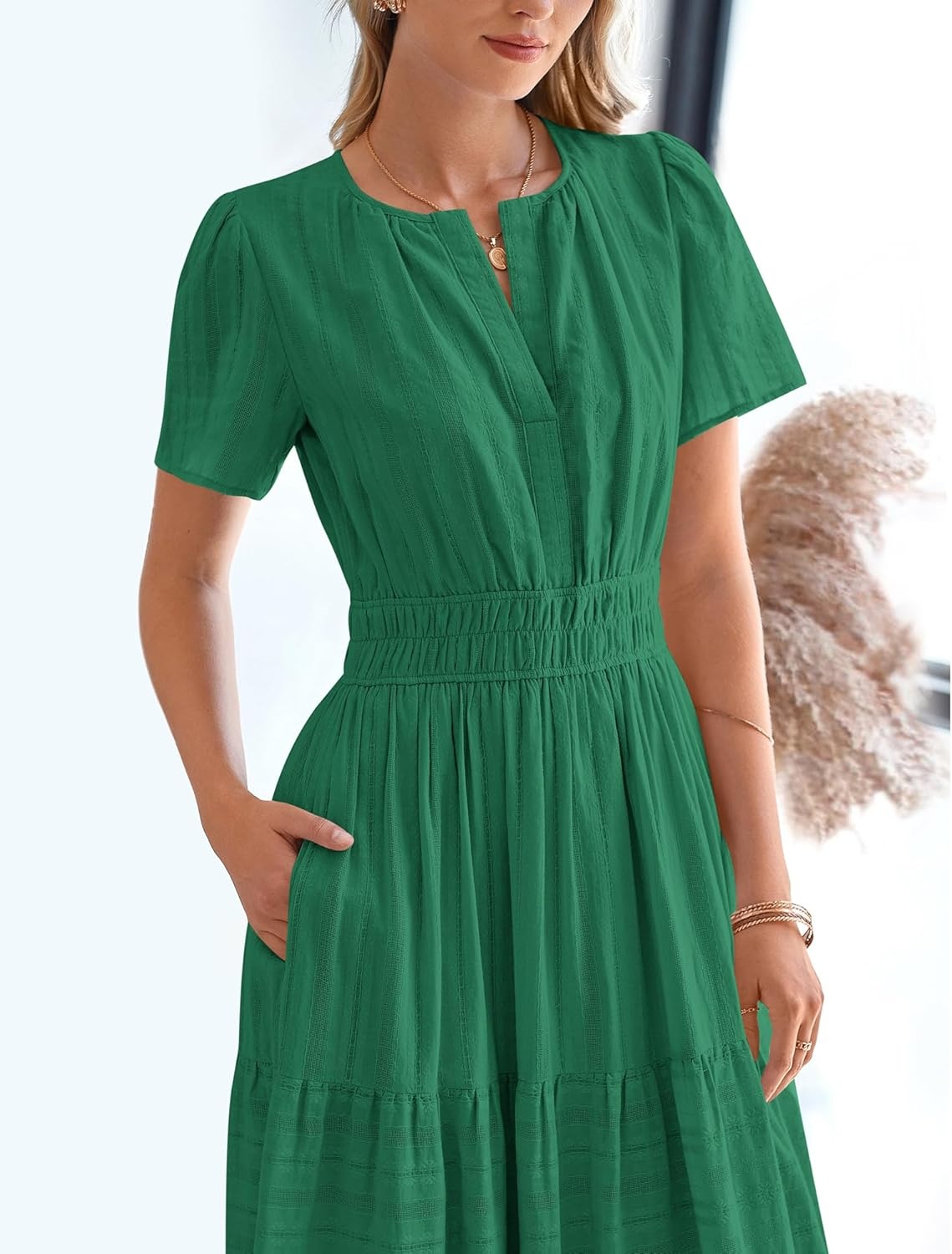 image:imageBTFBM Womens Summer 2026 Casual Midi Maxi Dresses Lightweight Short Sleeve V Neck Elastic Waist Boho Beach Dress PocketsDark Green