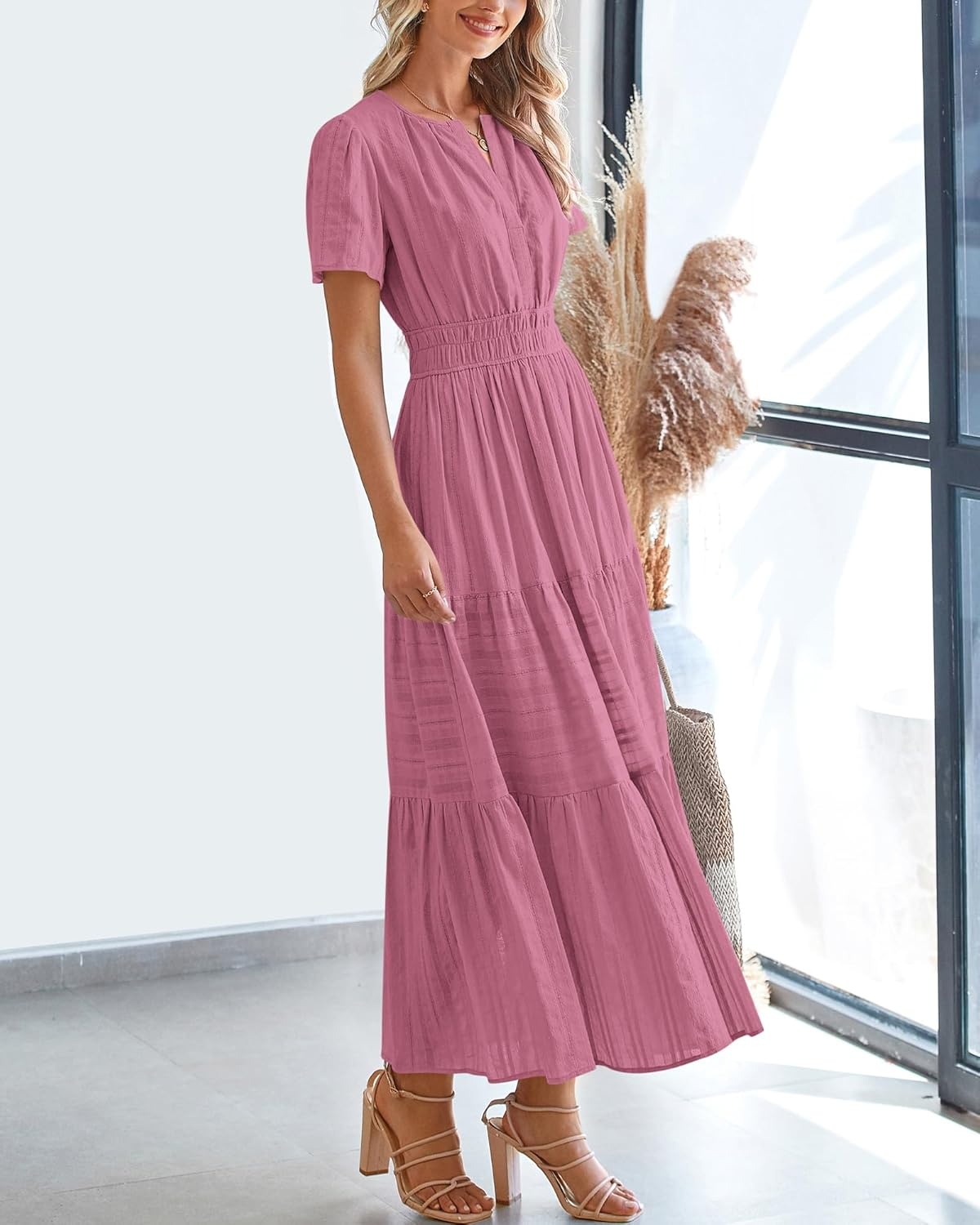 image:imageBTFBM Womens Summer 2026 Casual Midi Maxi Dresses Lightweight Short Sleeve V Neck Elastic Waist Boho Beach Dress PocketsDusty Pink