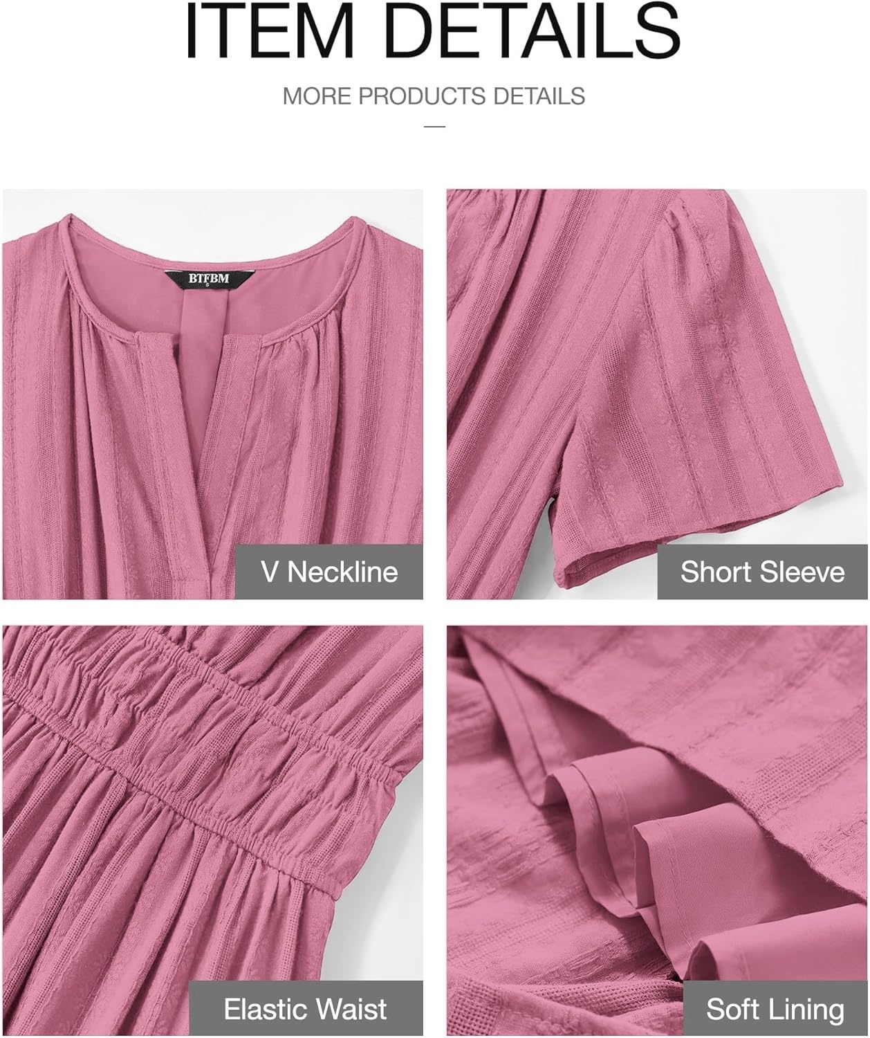 image:imageBTFBM Womens Summer 2026 Casual Midi Maxi Dresses Lightweight Short Sleeve V Neck Elastic Waist Boho Beach Dress PocketsDusty Pink