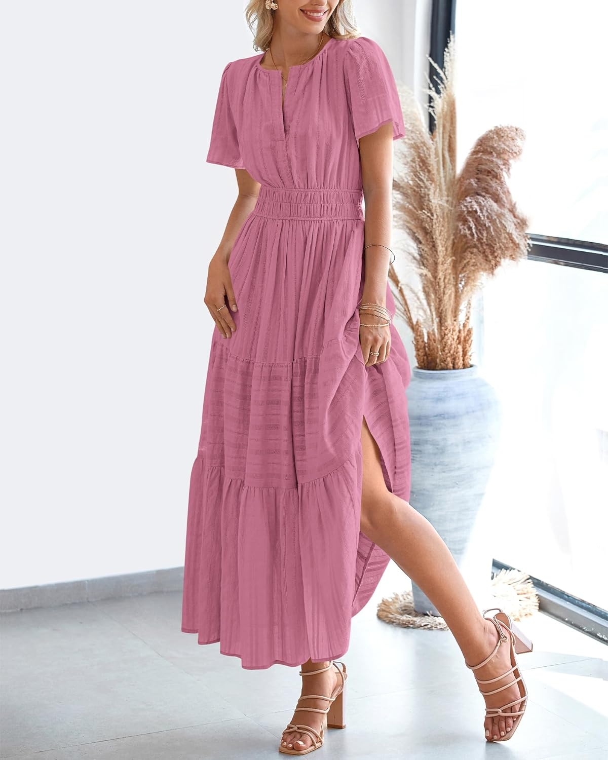 image:imageBTFBM Womens Summer 2026 Casual Midi Maxi Dresses Lightweight Short Sleeve V Neck Elastic Waist Boho Beach Dress PocketsDusty Pink