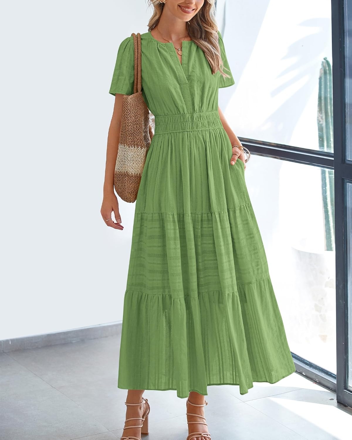 image:imageBTFBM Womens Summer 2026 Casual Midi Maxi Dresses Lightweight Short Sleeve V Neck Elastic Waist Boho Beach Dress PocketsGreen