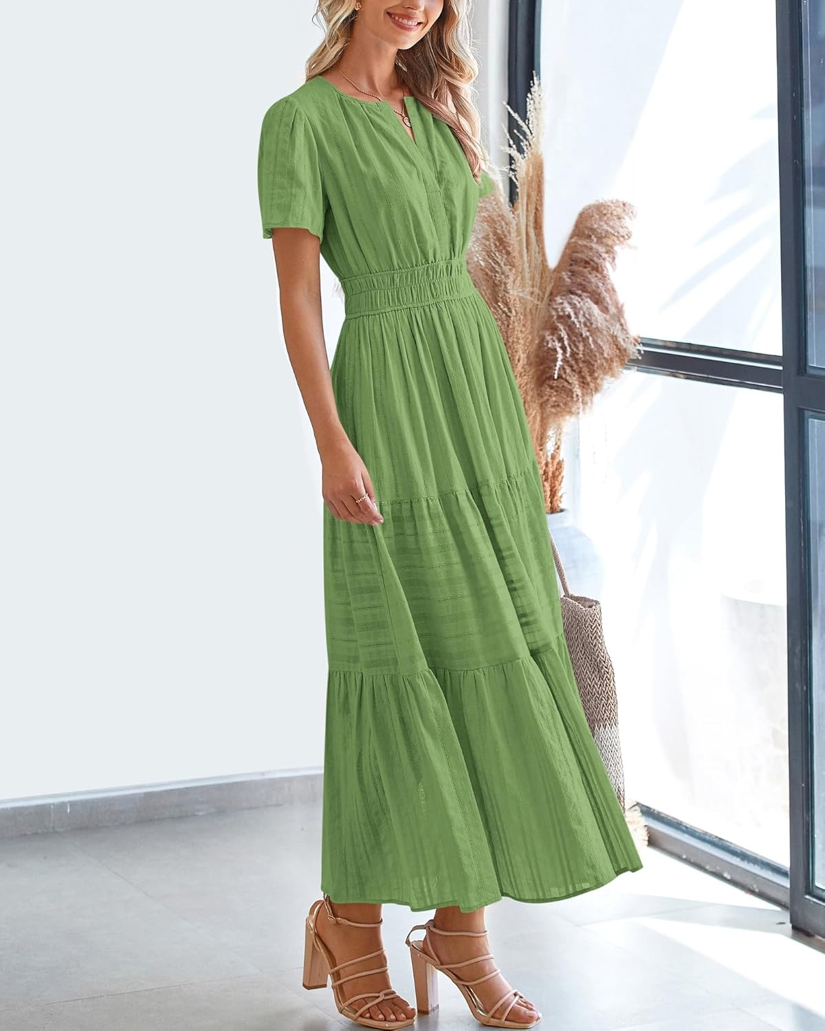 image:imageBTFBM Womens Summer 2026 Casual Midi Maxi Dresses Lightweight Short Sleeve V Neck Elastic Waist Boho Beach Dress PocketsGreen