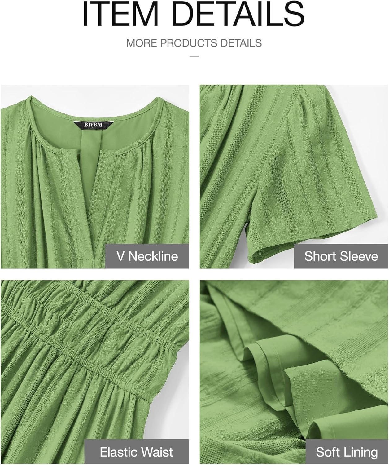 image:imageBTFBM Womens Summer 2026 Casual Midi Maxi Dresses Lightweight Short Sleeve V Neck Elastic Waist Boho Beach Dress PocketsGreen