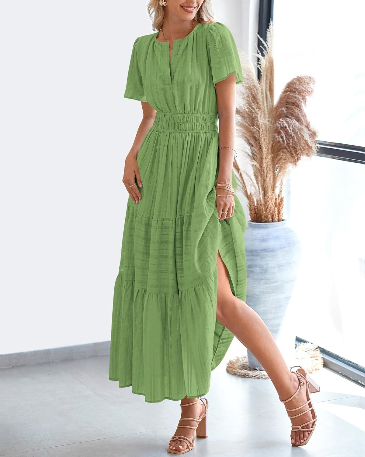 image:imageBTFBM Womens Summer 2026 Casual Midi Maxi Dresses Lightweight Short Sleeve V Neck Elastic Waist Boho Beach Dress PocketsGreen