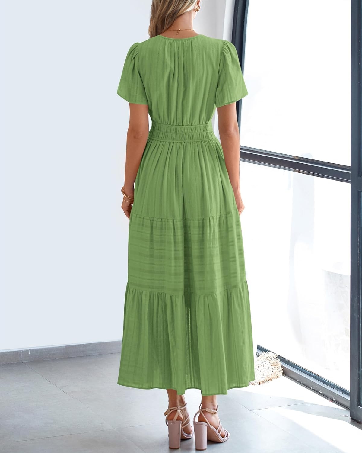 image:imageBTFBM Womens Summer 2026 Casual Midi Maxi Dresses Lightweight Short Sleeve V Neck Elastic Waist Boho Beach Dress PocketsGreen