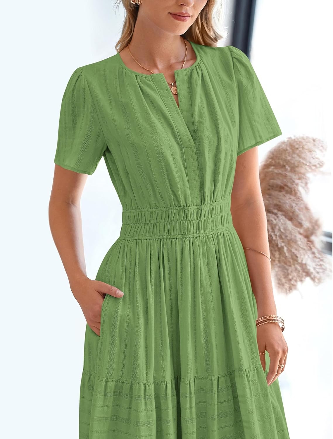 image:imageBTFBM Womens Summer 2026 Casual Midi Maxi Dresses Lightweight Short Sleeve V Neck Elastic Waist Boho Beach Dress PocketsGreen