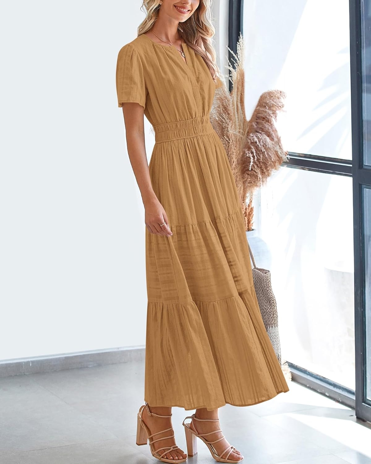 image:imageBTFBM Womens Summer 2026 Casual Midi Maxi Dresses Lightweight Short Sleeve V Neck Elastic Waist Boho Beach Dress PocketsKhaki