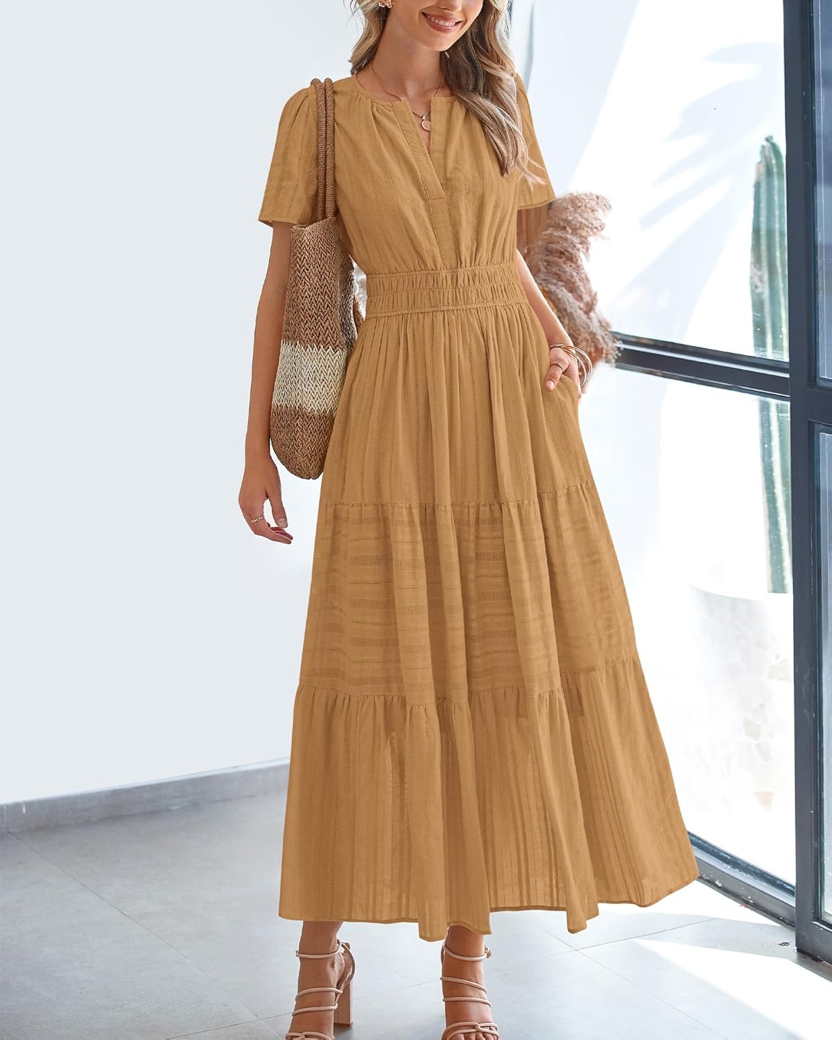 image:imageBTFBM Womens Summer 2026 Casual Midi Maxi Dresses Lightweight Short Sleeve V Neck Elastic Waist Boho Beach Dress PocketsKhaki