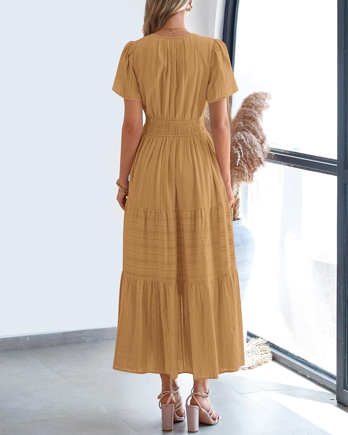 image:imageBTFBM Womens Summer 2026 Casual Midi Maxi Dresses Lightweight Short Sleeve V Neck Elastic Waist Boho Beach Dress PocketsKhaki