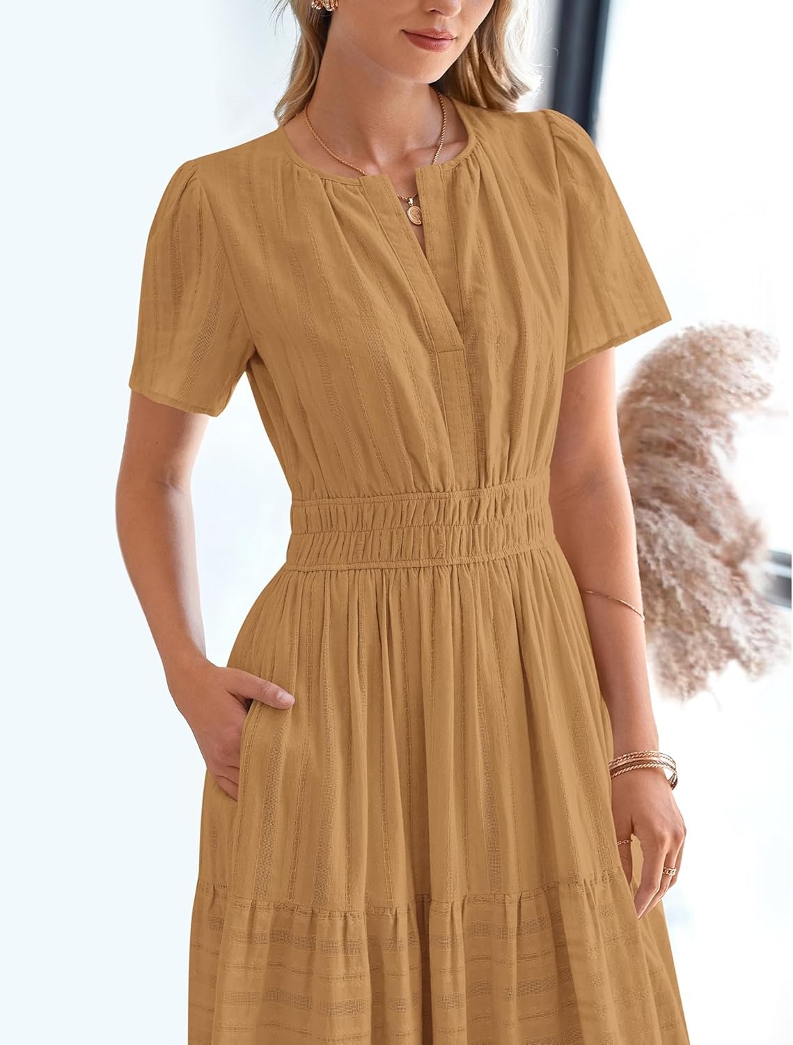 image:imageBTFBM Womens Summer 2026 Casual Midi Maxi Dresses Lightweight Short Sleeve V Neck Elastic Waist Boho Beach Dress PocketsKhaki