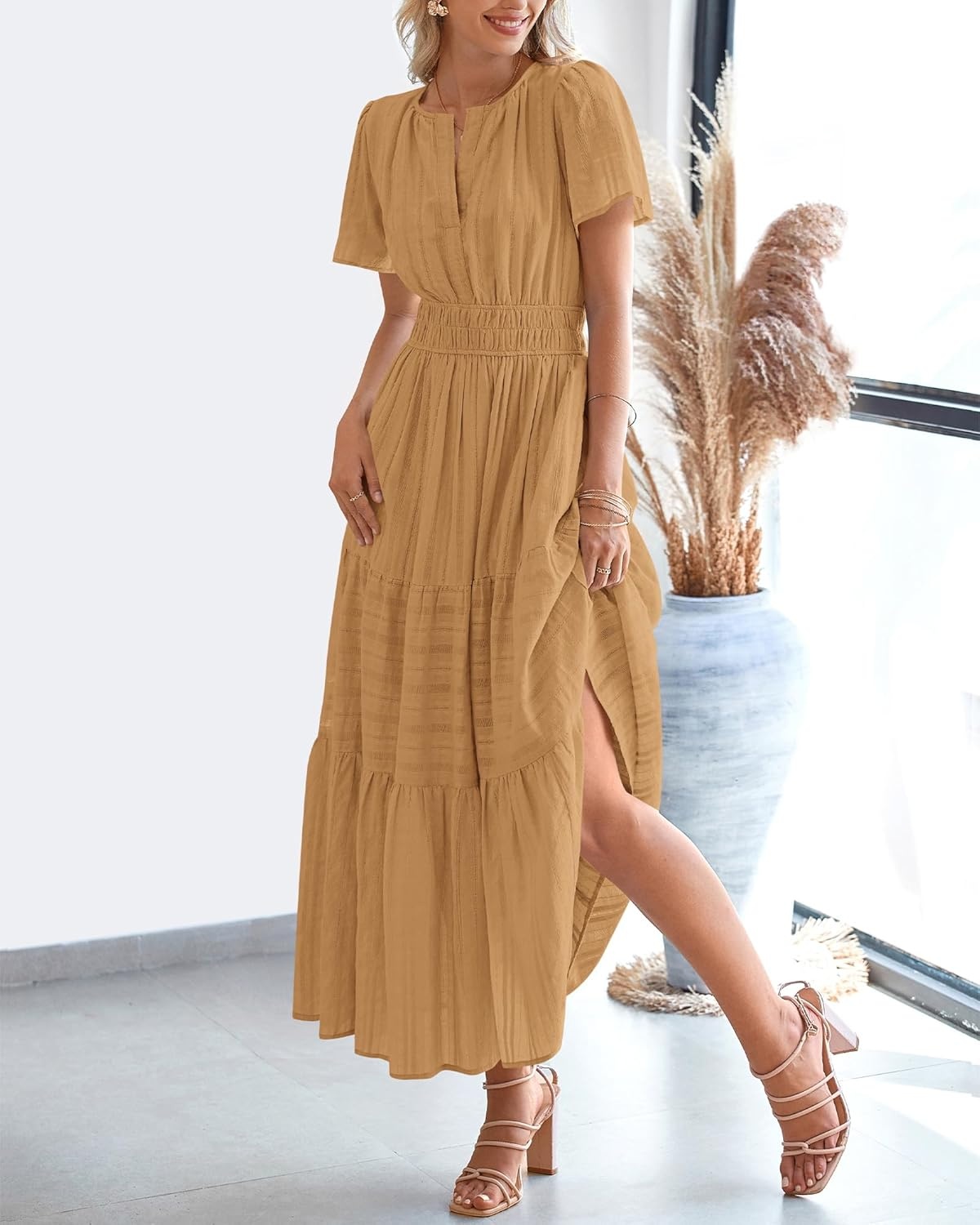 image:imageBTFBM Womens Summer 2026 Casual Midi Maxi Dresses Lightweight Short Sleeve V Neck Elastic Waist Boho Beach Dress PocketsKhaki