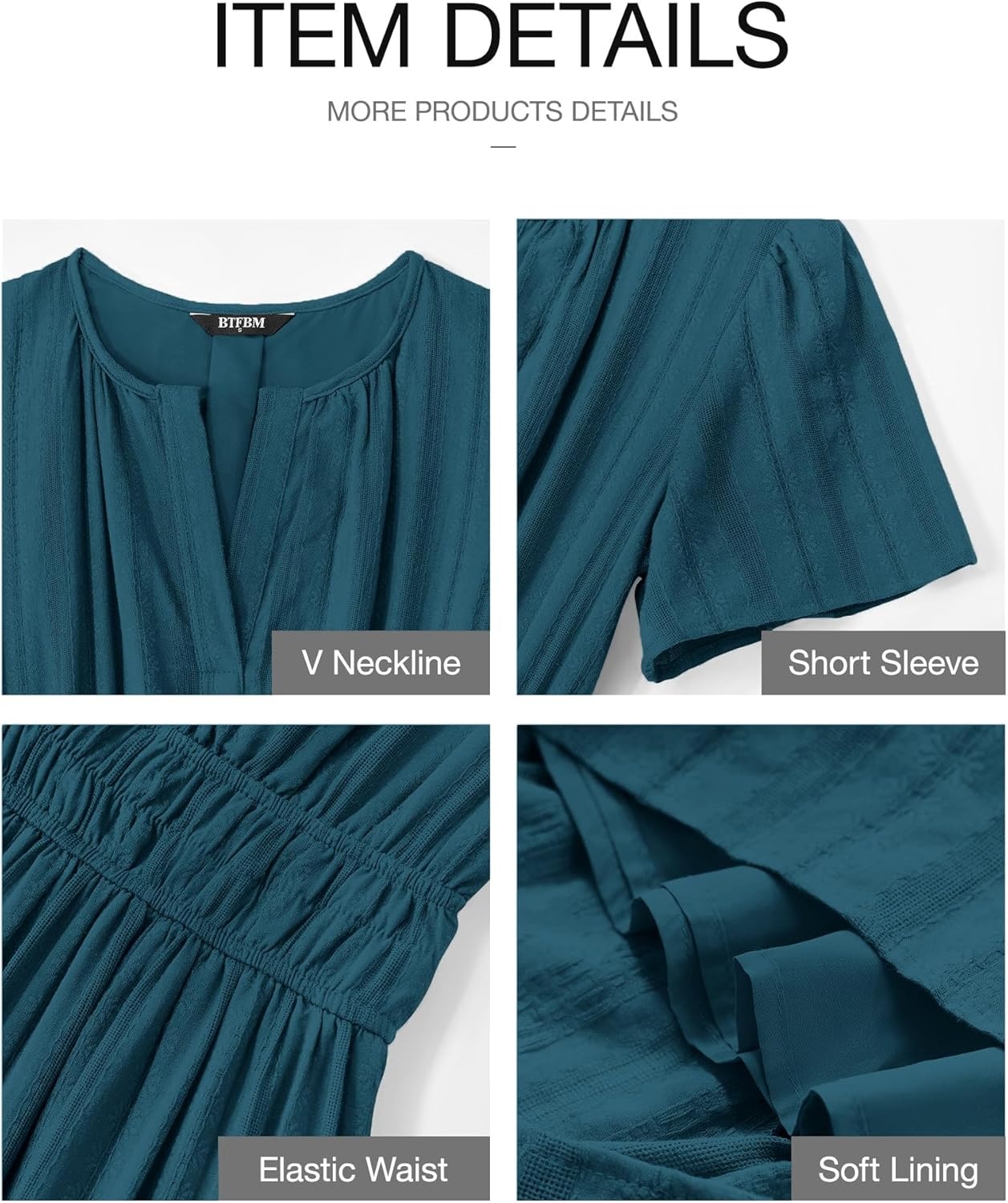 image:imageBTFBM Womens Summer 2026 Casual Midi Maxi Dresses Lightweight Short Sleeve V Neck Elastic Waist Boho Beach Dress PocketsLake Blue