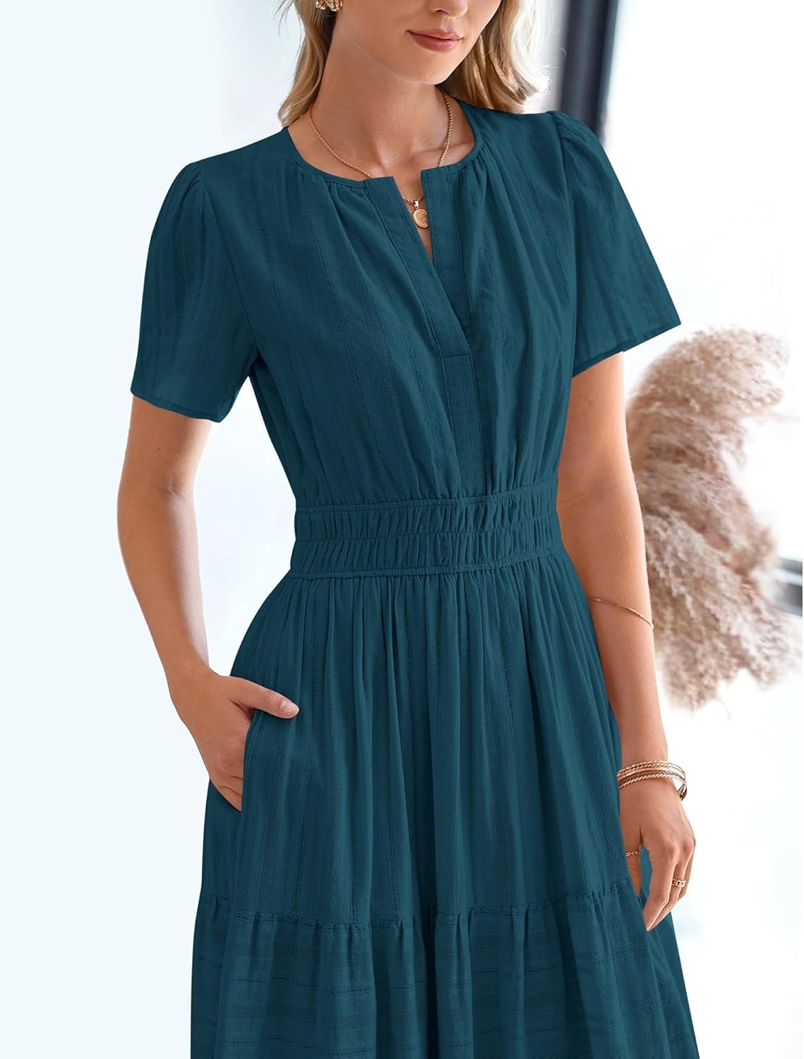 image:imageBTFBM Womens Summer 2026 Casual Midi Maxi Dresses Lightweight Short Sleeve V Neck Elastic Waist Boho Beach Dress PocketsLake Blue
