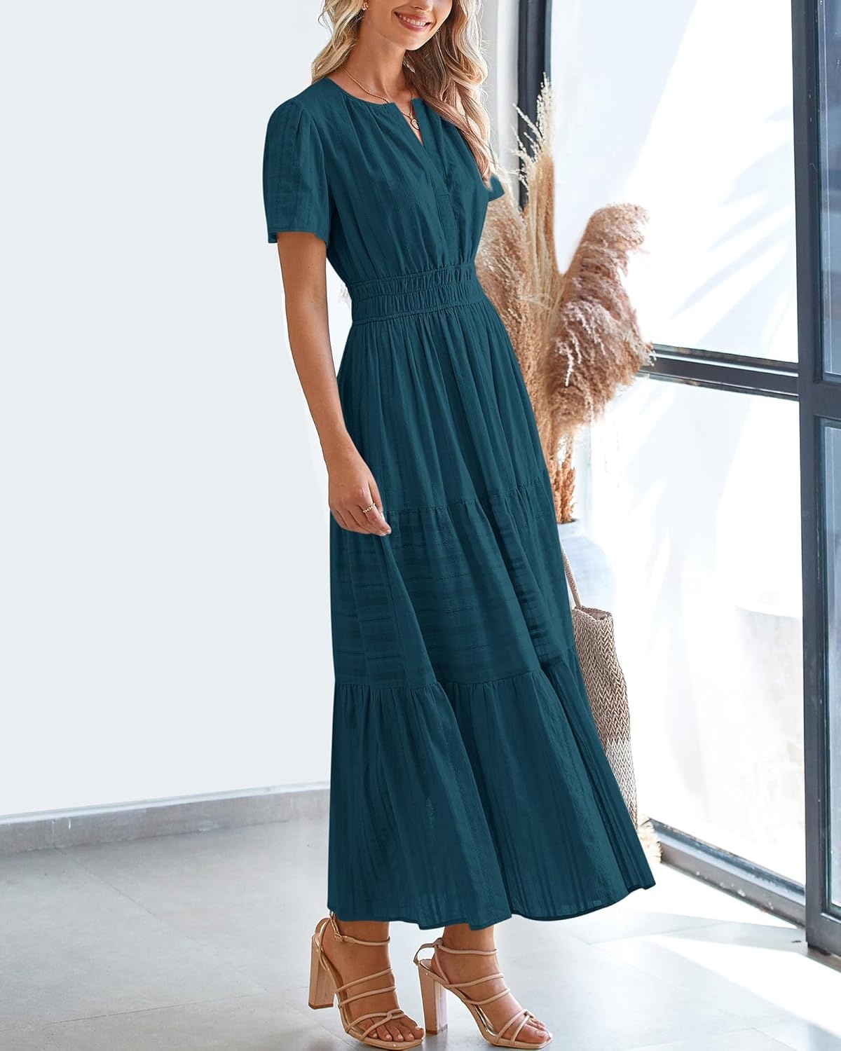 image:imageBTFBM Womens Summer 2026 Casual Midi Maxi Dresses Lightweight Short Sleeve V Neck Elastic Waist Boho Beach Dress PocketsLake Blue