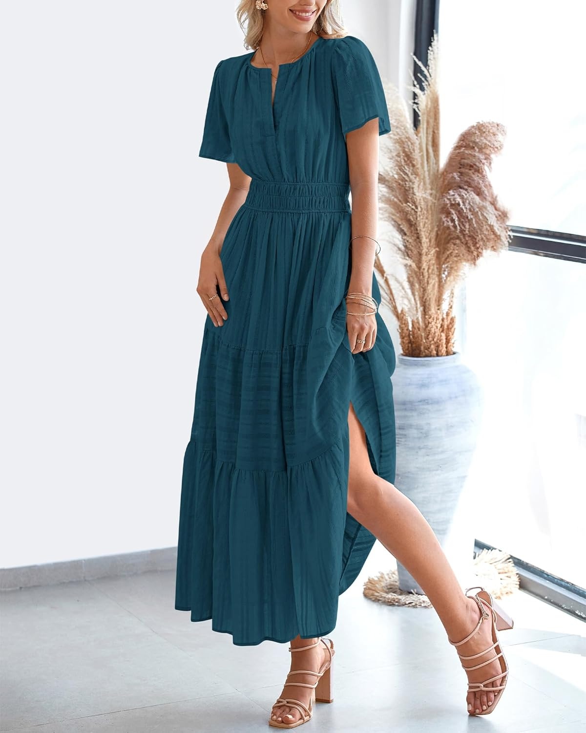 image:imageBTFBM Womens Summer 2026 Casual Midi Maxi Dresses Lightweight Short Sleeve V Neck Elastic Waist Boho Beach Dress PocketsLake Blue