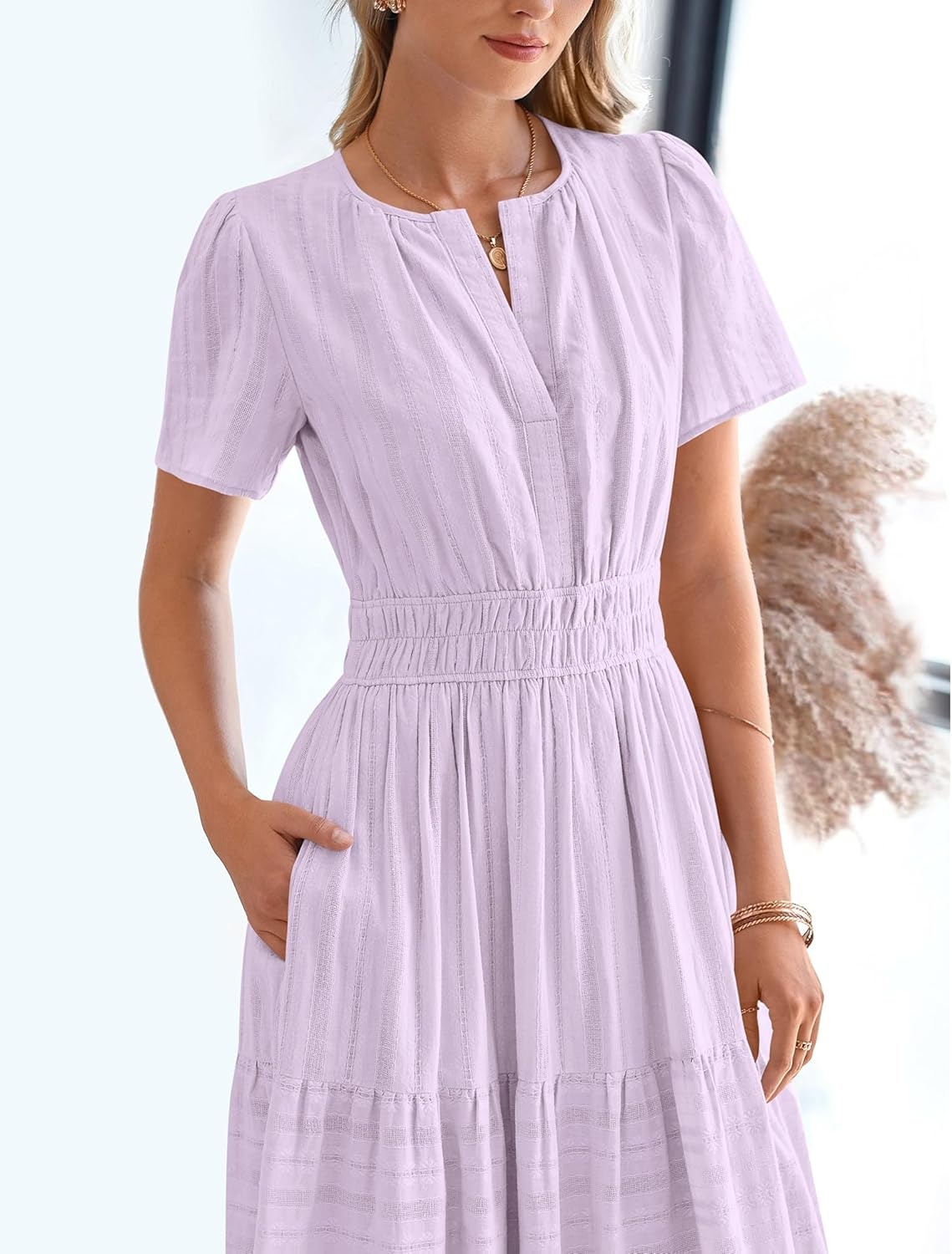 image:imageBTFBM Womens Summer 2026 Casual Midi Maxi Dresses Lightweight Short Sleeve V Neck Elastic Waist Boho Beach Dress PocketsLight Pink Purple
