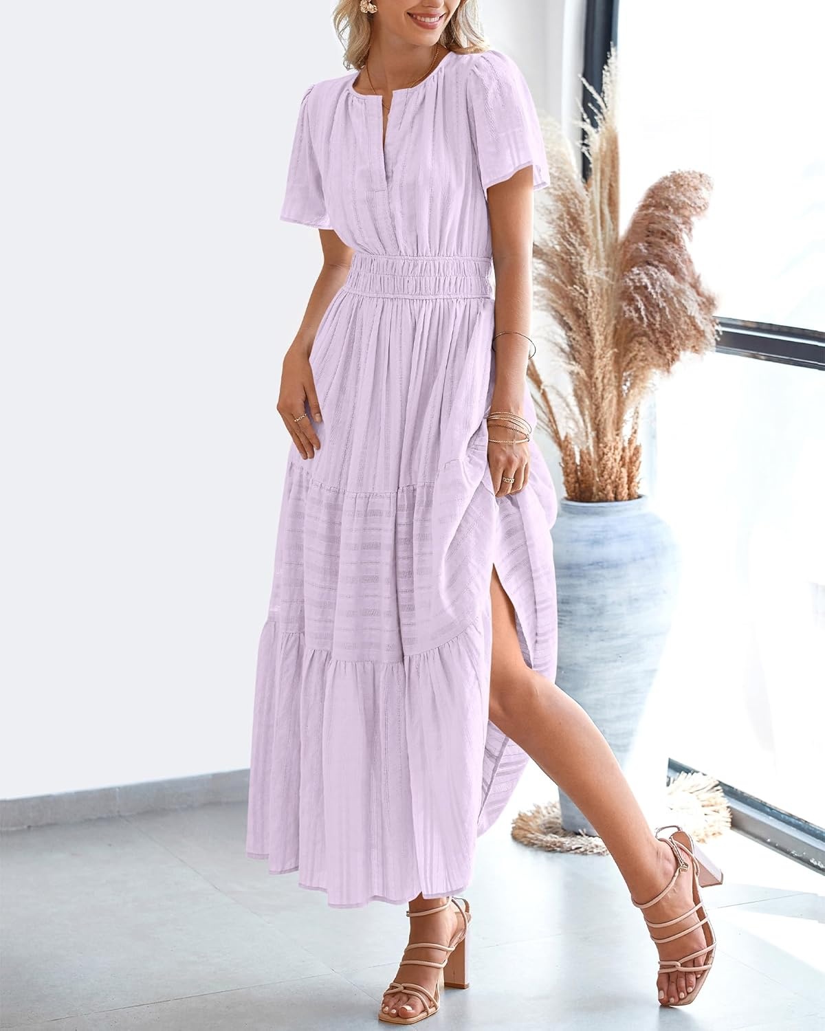 image:imageBTFBM Womens Summer 2026 Casual Midi Maxi Dresses Lightweight Short Sleeve V Neck Elastic Waist Boho Beach Dress PocketsLight Pink Purple