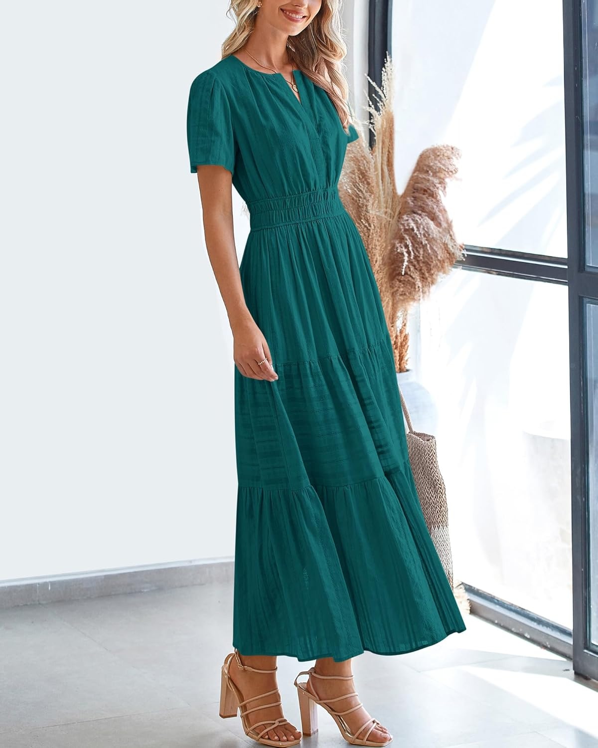 image:imageBTFBM Womens Summer 2026 Casual Midi Maxi Dresses Lightweight Short Sleeve V Neck Elastic Waist Boho Beach Dress PocketsMalachite Green
