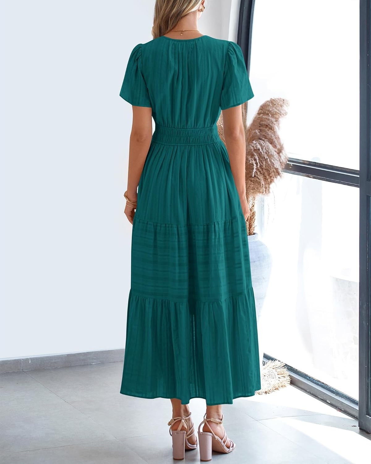 image:imageBTFBM Womens Summer 2026 Casual Midi Maxi Dresses Lightweight Short Sleeve V Neck Elastic Waist Boho Beach Dress PocketsMalachite Green