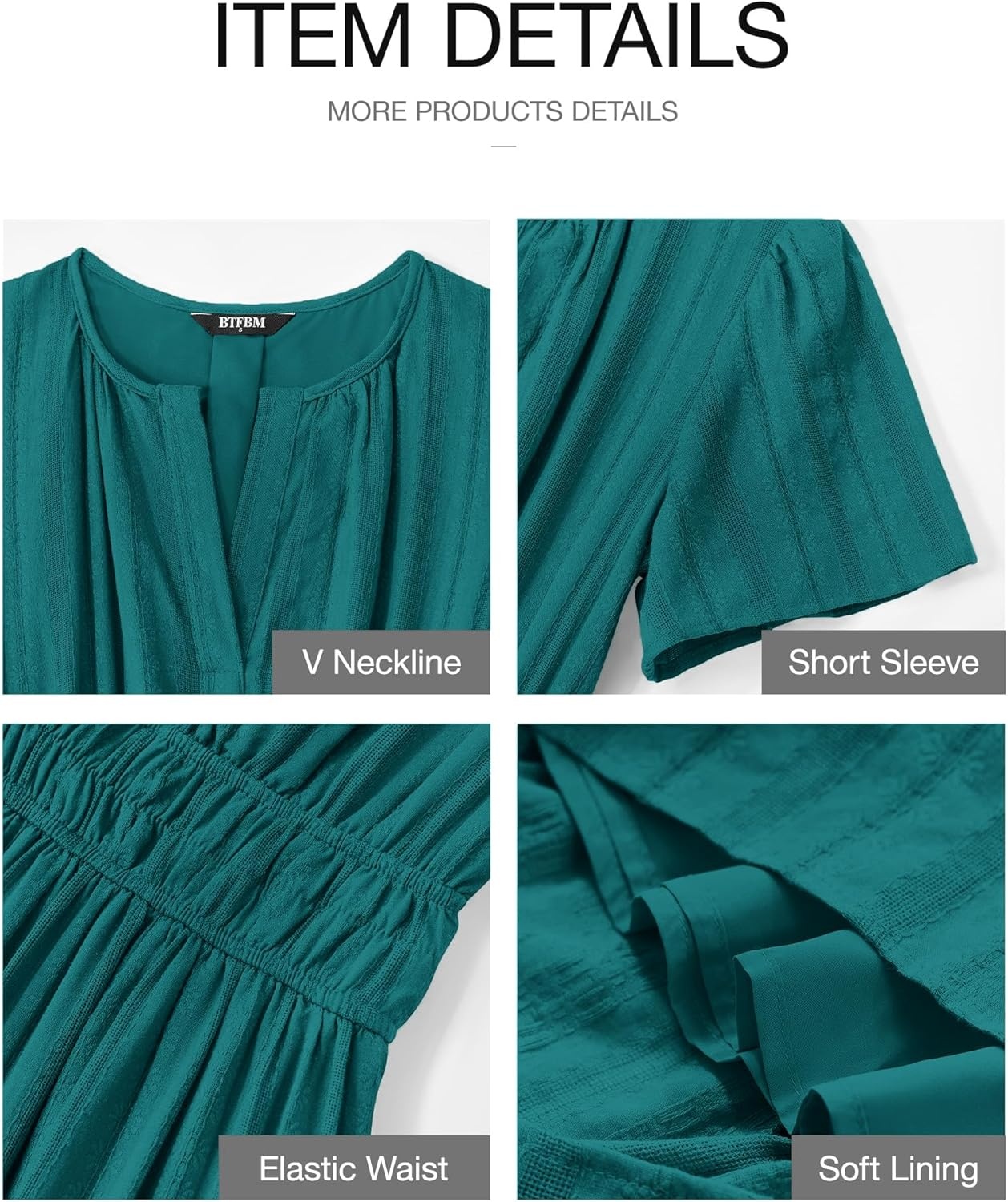 image:imageBTFBM Womens Summer 2026 Casual Midi Maxi Dresses Lightweight Short Sleeve V Neck Elastic Waist Boho Beach Dress PocketsMalachite Green