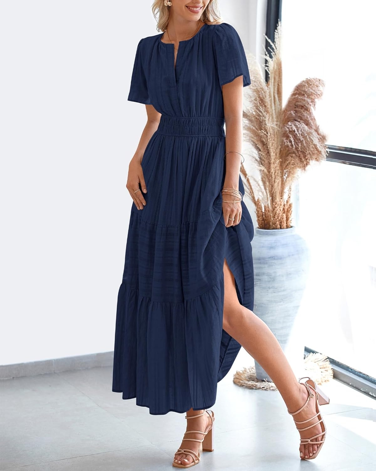 image:imageBTFBM Womens Summer 2026 Casual Midi Maxi Dresses Lightweight Short Sleeve V Neck Elastic Waist Boho Beach Dress PocketsNavy