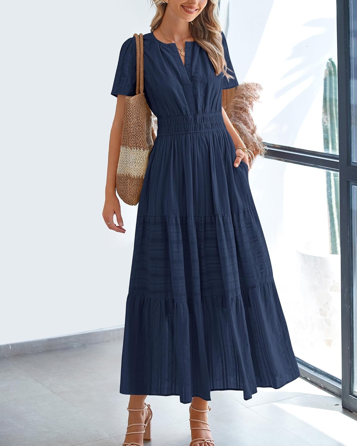 image:imageBTFBM Womens Summer 2026 Casual Midi Maxi Dresses Lightweight Short Sleeve V Neck Elastic Waist Boho Beach Dress PocketsNavy