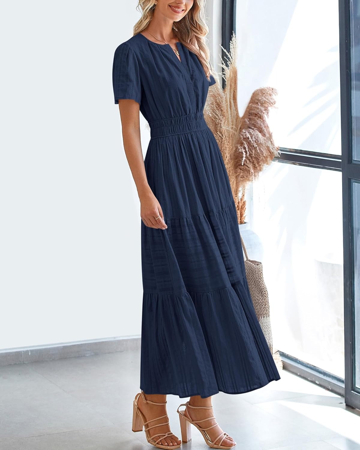 image:imageBTFBM Womens Summer 2026 Casual Midi Maxi Dresses Lightweight Short Sleeve V Neck Elastic Waist Boho Beach Dress PocketsNavy