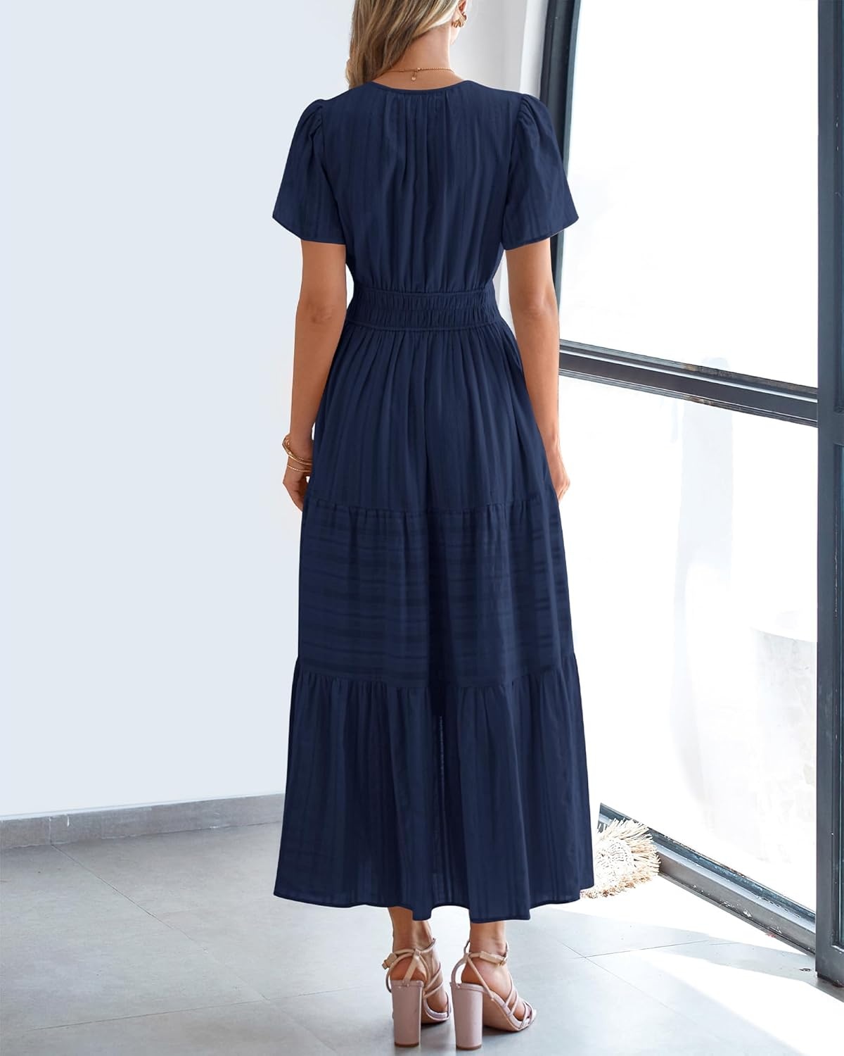 image:imageBTFBM Womens Summer 2026 Casual Midi Maxi Dresses Lightweight Short Sleeve V Neck Elastic Waist Boho Beach Dress PocketsNavy