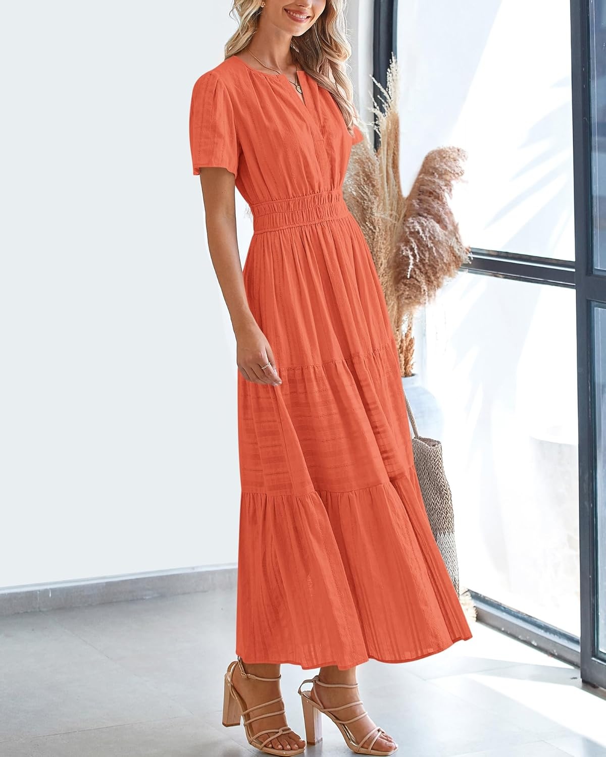 image:imageBTFBM Womens Summer 2026 Casual Midi Maxi Dresses Lightweight Short Sleeve V Neck Elastic Waist Boho Beach Dress PocketsOrange