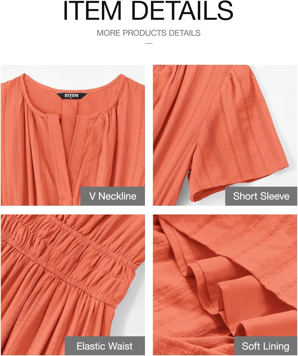 image:imageBTFBM Womens Summer 2026 Casual Midi Maxi Dresses Lightweight Short Sleeve V Neck Elastic Waist Boho Beach Dress PocketsOrange