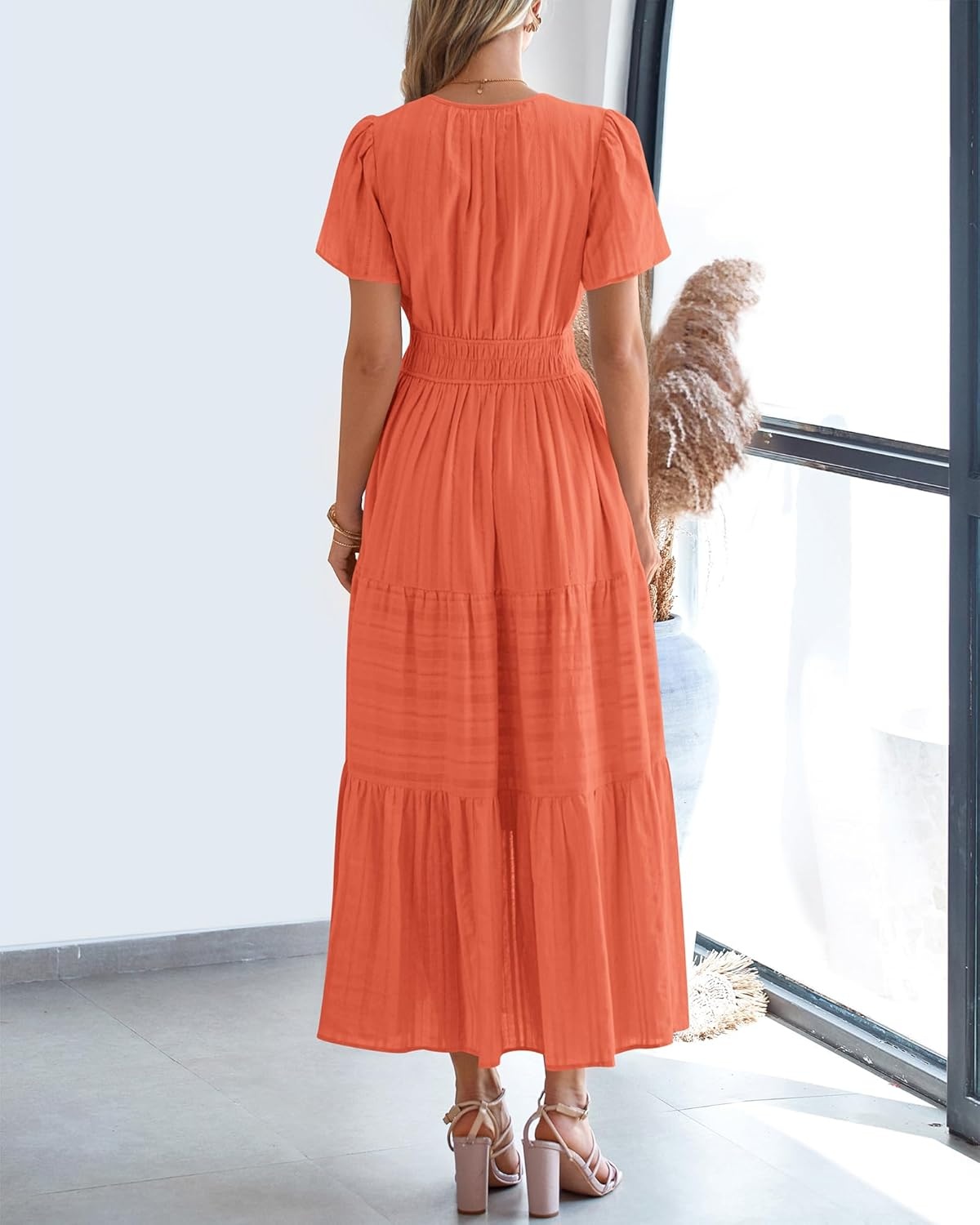 image:imageBTFBM Womens Summer 2026 Casual Midi Maxi Dresses Lightweight Short Sleeve V Neck Elastic Waist Boho Beach Dress PocketsOrange