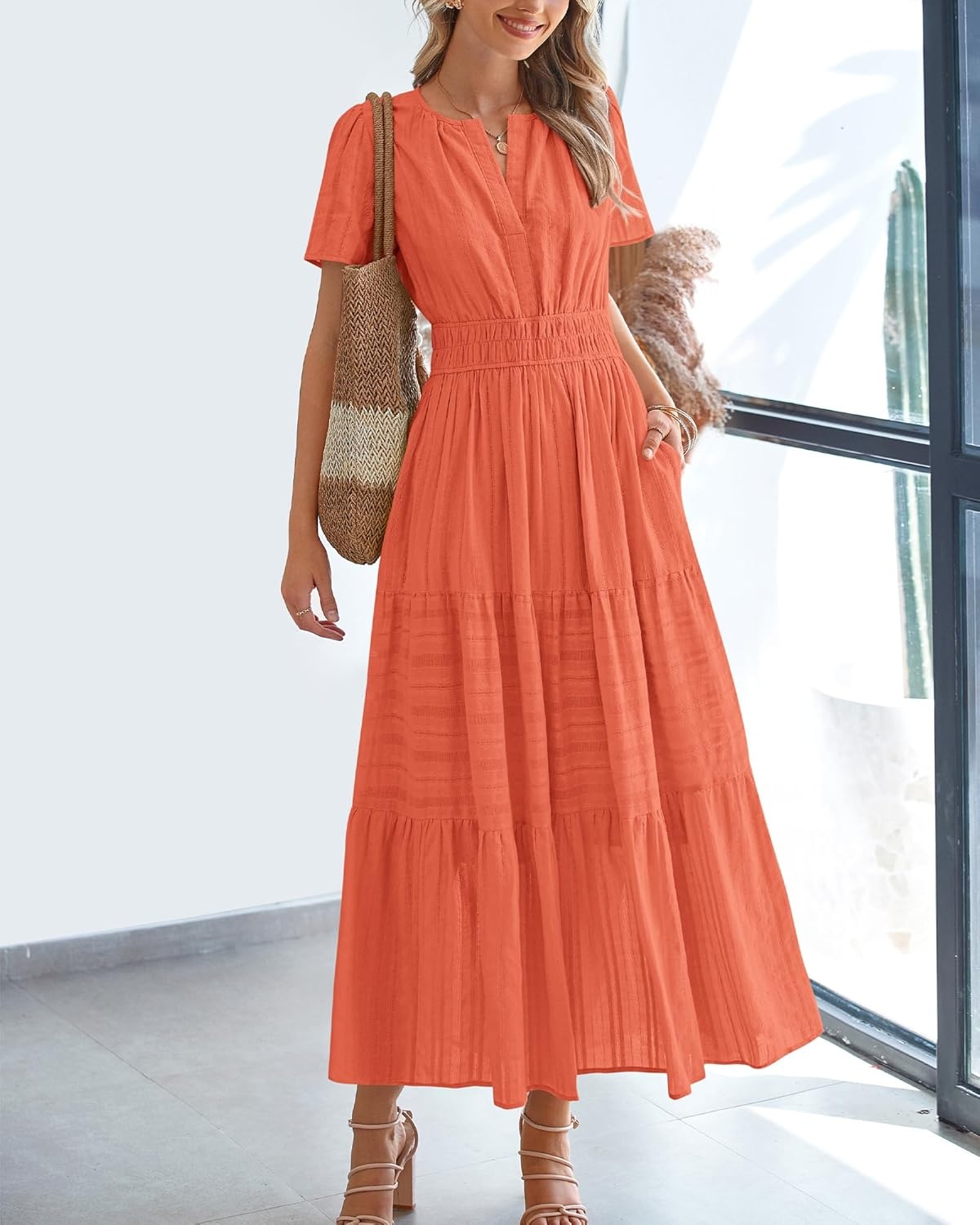 image:imageBTFBM Womens Summer 2026 Casual Midi Maxi Dresses Lightweight Short Sleeve V Neck Elastic Waist Boho Beach Dress PocketsOrange