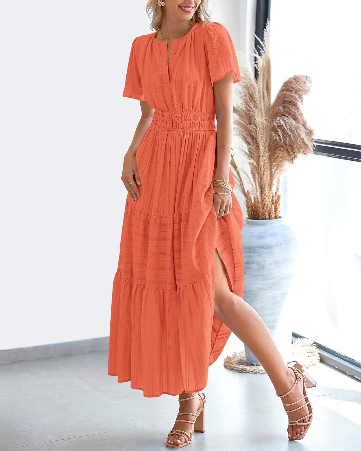 image:imageBTFBM Womens Summer 2026 Casual Midi Maxi Dresses Lightweight Short Sleeve V Neck Elastic Waist Boho Beach Dress PocketsOrange