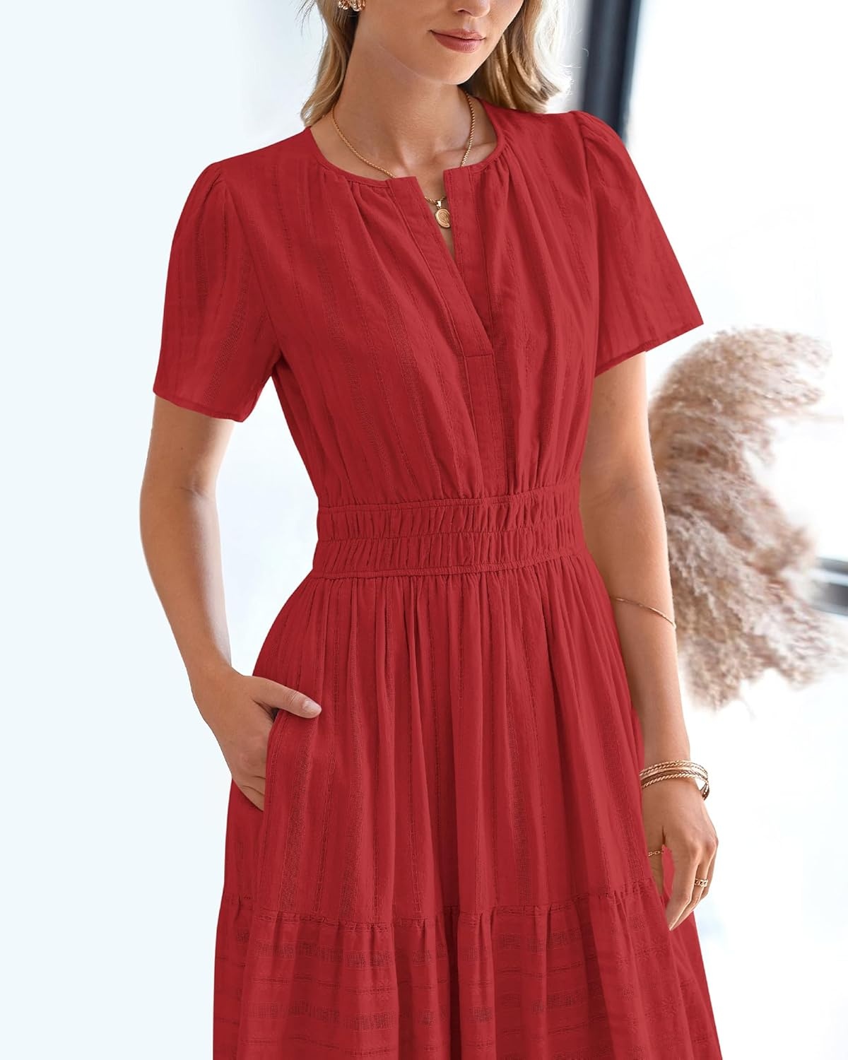 image:imageBTFBM Womens Summer 2026 Casual Midi Maxi Dresses Lightweight Short Sleeve V Neck Elastic Waist Boho Beach Dress PocketsRed
