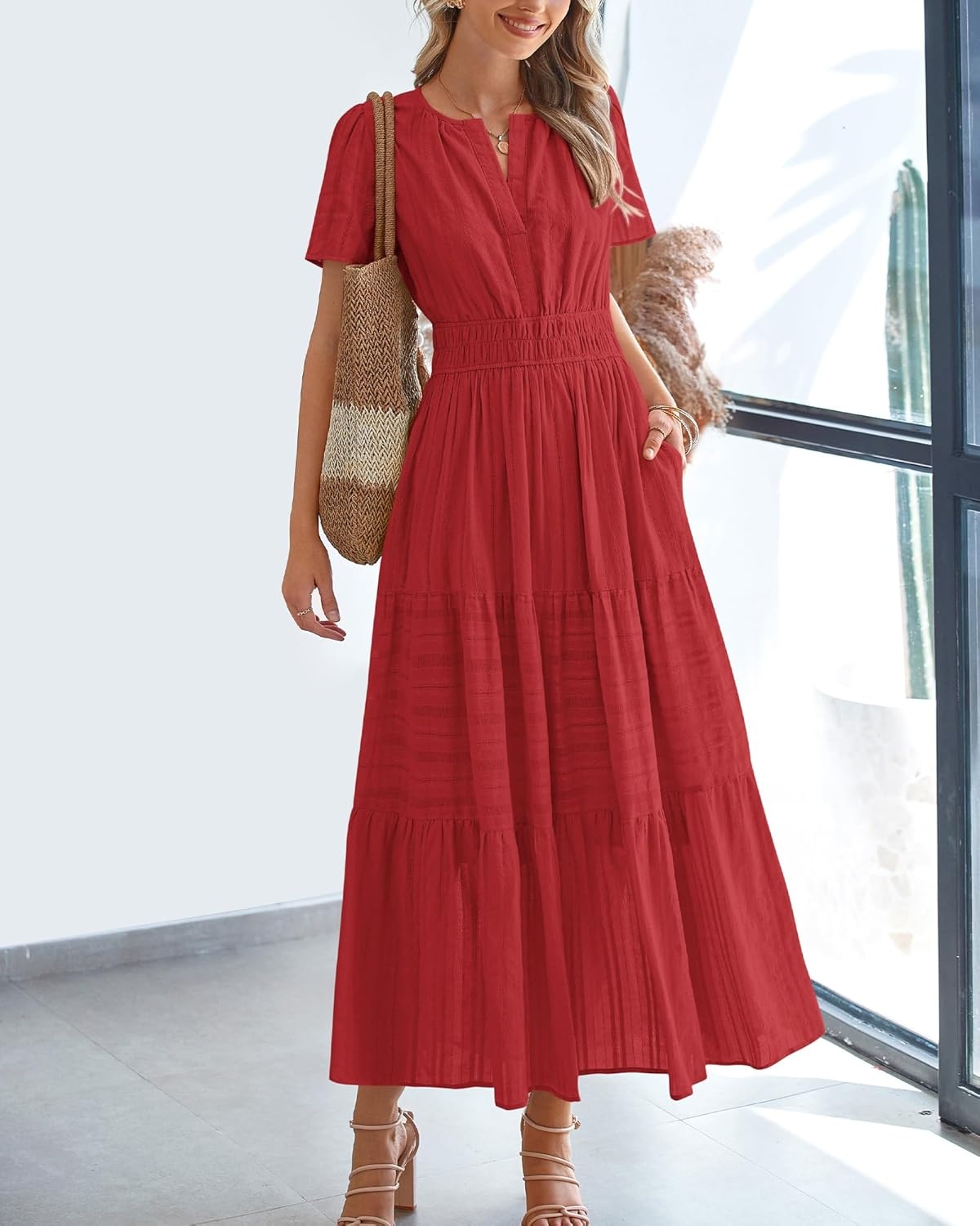 image:imageBTFBM Womens Summer 2026 Casual Midi Maxi Dresses Lightweight Short Sleeve V Neck Elastic Waist Boho Beach Dress PocketsRed