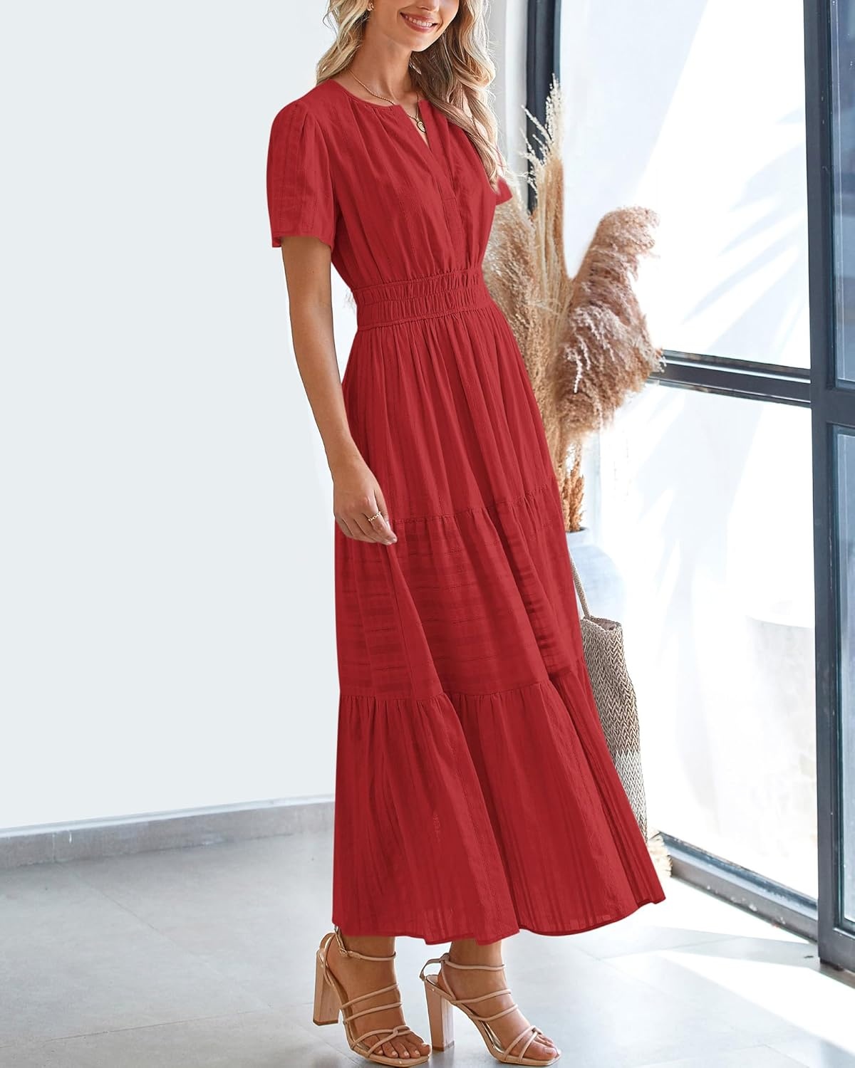 image:imageBTFBM Womens Summer 2026 Casual Midi Maxi Dresses Lightweight Short Sleeve V Neck Elastic Waist Boho Beach Dress PocketsRed