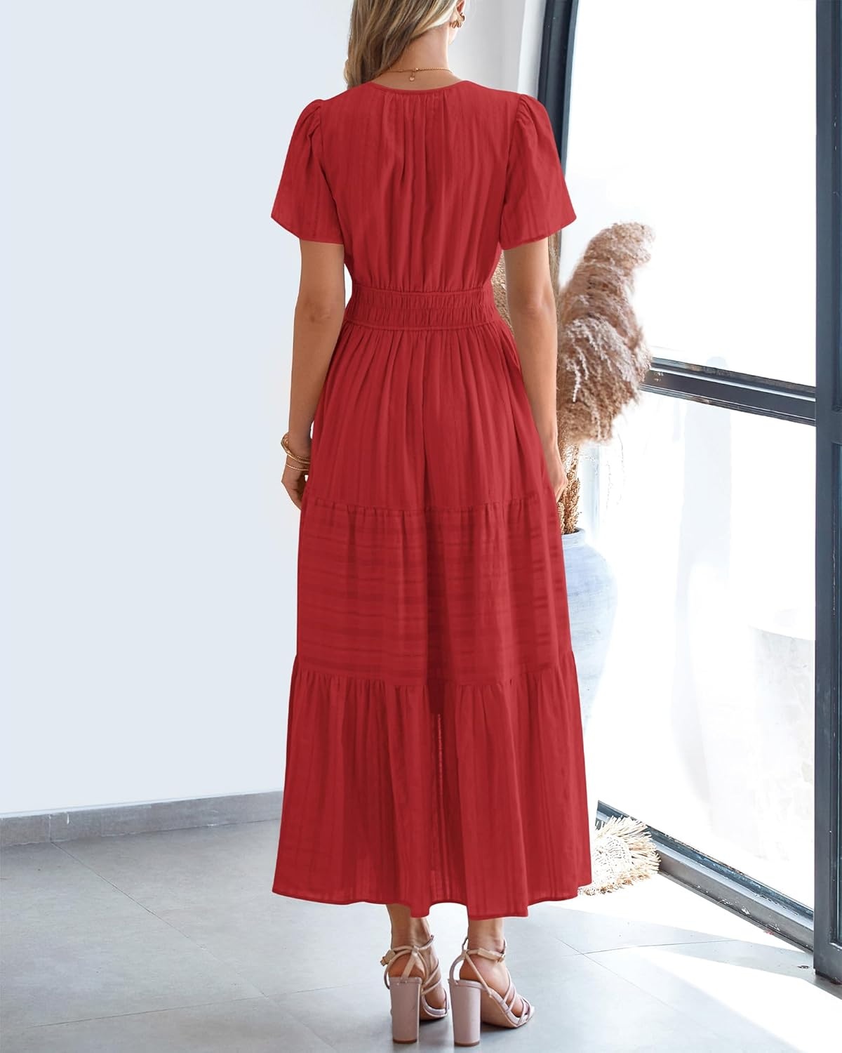 image:imageBTFBM Womens Summer 2026 Casual Midi Maxi Dresses Lightweight Short Sleeve V Neck Elastic Waist Boho Beach Dress PocketsRed