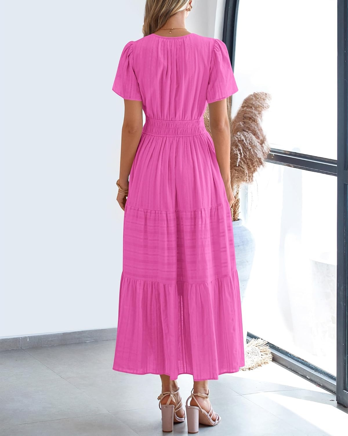 image:imageBTFBM Womens Summer 2026 Casual Midi Maxi Dresses Lightweight Short Sleeve V Neck Elastic Waist Boho Beach Dress PocketsRose Red