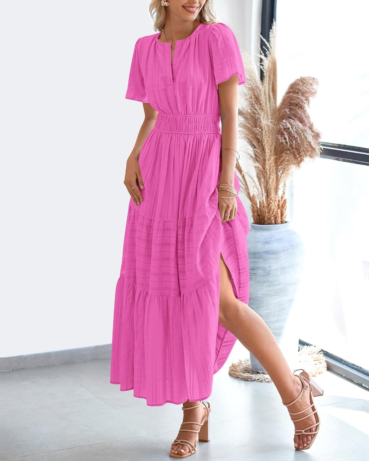 image:imageBTFBM Womens Summer 2026 Casual Midi Maxi Dresses Lightweight Short Sleeve V Neck Elastic Waist Boho Beach Dress PocketsRose Red