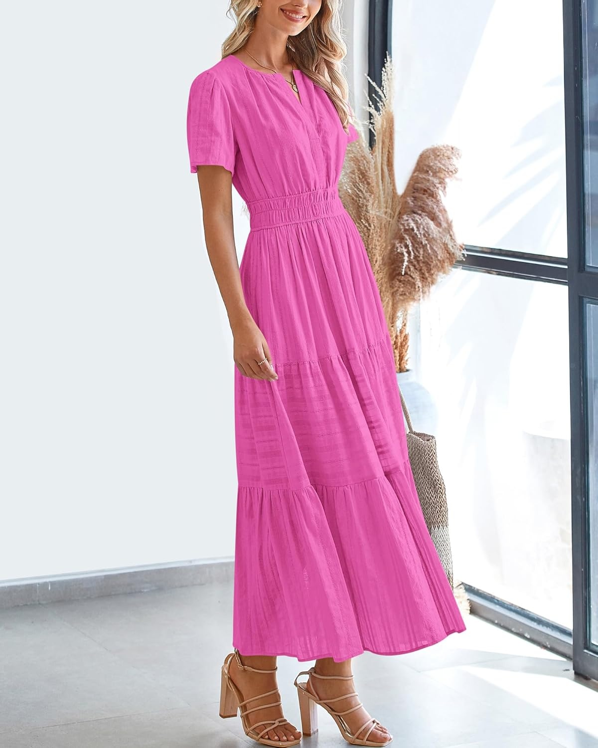 image:imageBTFBM Womens Summer 2026 Casual Midi Maxi Dresses Lightweight Short Sleeve V Neck Elastic Waist Boho Beach Dress PocketsRose Red