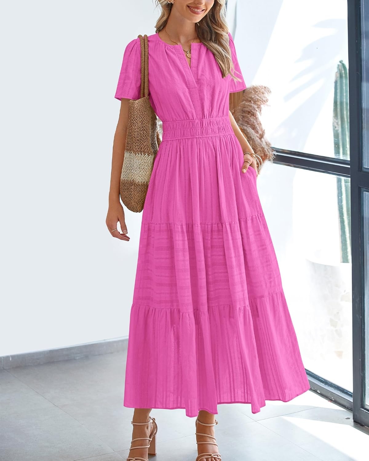 image:imageBTFBM Womens Summer 2026 Casual Midi Maxi Dresses Lightweight Short Sleeve V Neck Elastic Waist Boho Beach Dress PocketsRose Red