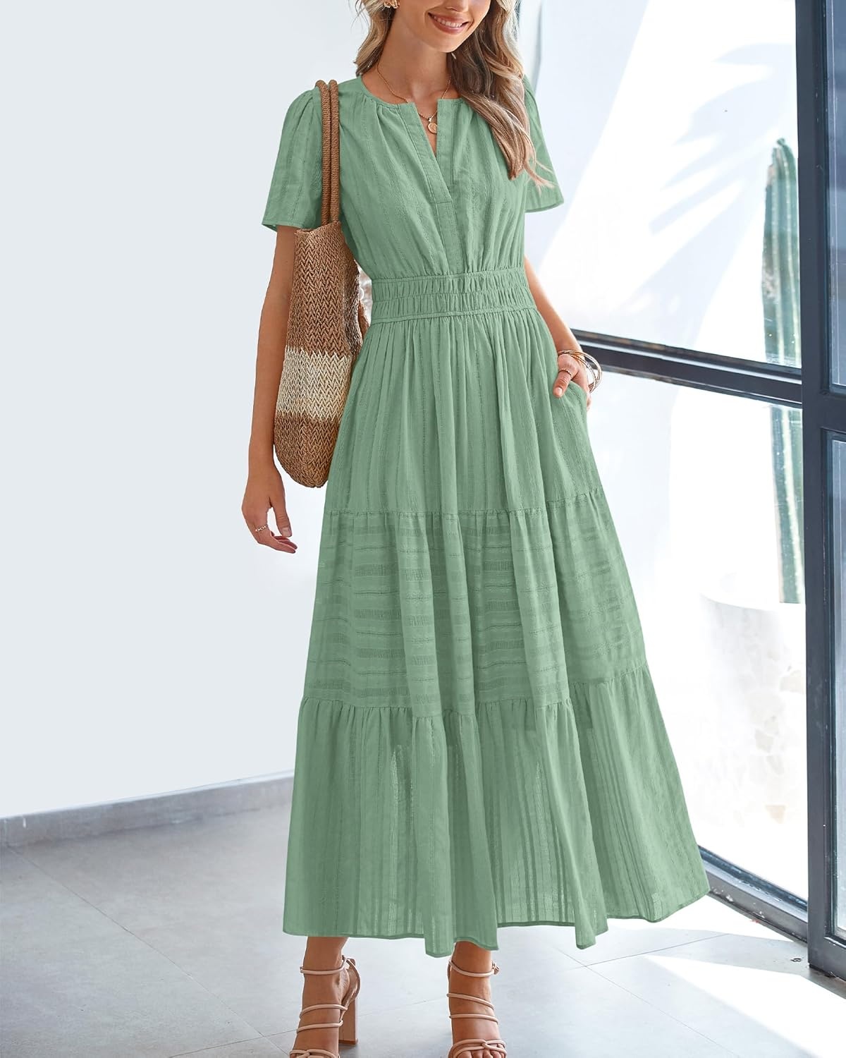 image:imageBTFBM Womens Summer 2026 Casual Midi Maxi Dresses Lightweight Short Sleeve V Neck Elastic Waist Boho Beach Dress PocketsSage Green