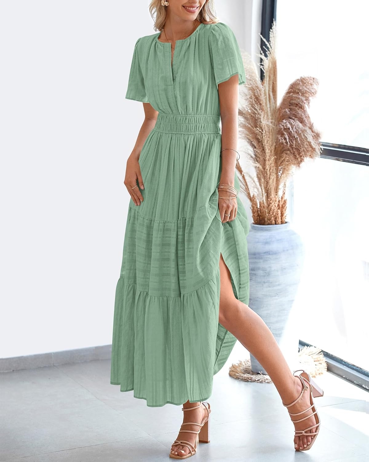 image:imageBTFBM Womens Summer 2026 Casual Midi Maxi Dresses Lightweight Short Sleeve V Neck Elastic Waist Boho Beach Dress PocketsSage Green