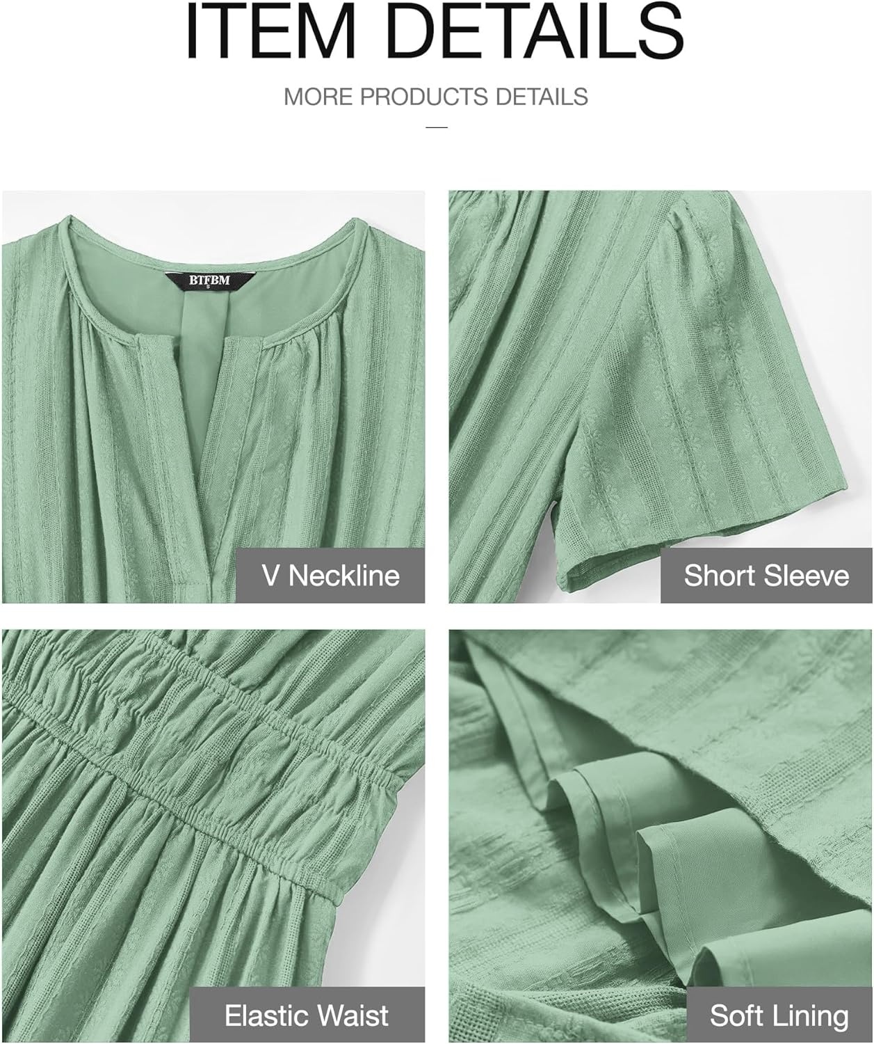 image:imageBTFBM Womens Summer 2026 Casual Midi Maxi Dresses Lightweight Short Sleeve V Neck Elastic Waist Boho Beach Dress PocketsSage Green