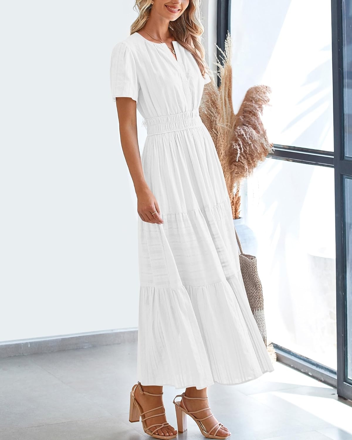 image:imageBTFBM Womens Summer 2026 Casual Midi Maxi Dresses Lightweight Short Sleeve V Neck Elastic Waist Boho Beach Dress PocketsWhite